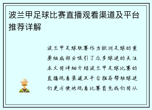 波兰甲足球比赛直播观看渠道及平台推荐详解